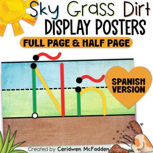 Puede incluir: Póster educativo que muestra la letra Ñ en mayúscula y minúscula. El fondo presenta secciones de cielo, hierba y tierra. El texto incluye Sky Grass Dirt DISPLAY POSTERS, FULL PAGE & HALF PAGE y SPANISH VERSION.