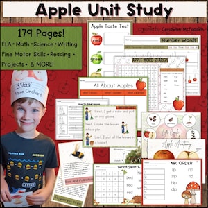 May include: A collection of educational worksheets for an apple unit study. The materials include pages for ELA, math, science, and writing, with fine motor skills, reading, and projects. The image features a child wearing an apple-themed hat.