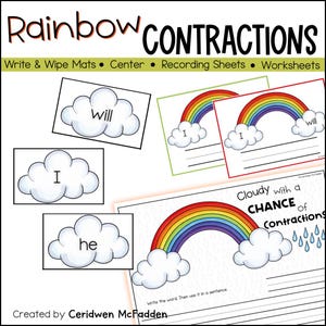 May include: Educational materials featuring a rainbow theme. The image includes worksheets and cards with cloud illustrations and contraction examples like "I will" and "he". The title "Rainbow Contractions" is displayed at the top.
