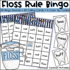 Könnte beinhalten: Ein "Floss Rule Bingo"-Spielset mit Bingokarten, Anrufkarten und Farbcodekarten. Die Bingokarten haben ein Raster mit Wörtern, und das Bild enthält Illustrationen von Zähnen und einem Zahnseidebehälter. Der Text auf dem Bild lautet "Floss Rule Bingo".