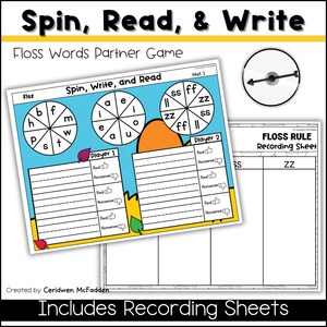 Puede incluir: Un juego educativo colorido titulado "Spin, Read, & Write" con el texto "Floss Words Partner Game". El juego incluye una ruleta, un tablero de juego con ruedas de palabras y hojas de registro. El juego está diseñado para jugar en pareja.