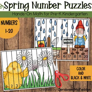May include: Spring-themed number puzzles for pre-K and kindergarten. The puzzles feature a chick and daisies, and a garden gnome with a watering can. The numbers 1-20 are displayed. Includes color and black & white options.