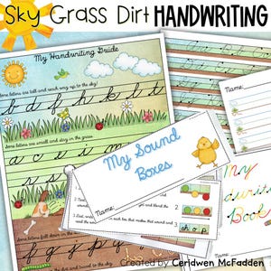 May include: A set of handwriting practice sheets with colourful illustrations. The sheets include cursive letter examples, handwriting guides, and sound boxes. The text includes "My Handwriting Guide" and "My Sound Boxes".