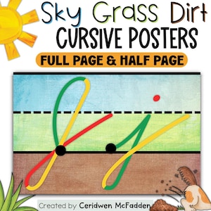 May include: Educational poster featuring the letter J in cursive, displayed on a background divided into sky, grass, and dirt sections. The letter is formed with green, yellow, and red lines. Text includes Sky Grass Dirt CURSIVE POSTERS FULL PAGE & HALF PAGE.