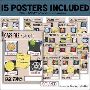 May include: A collection of 15 educational posters with the title "15 Posters Included". Each poster features a geometric shape with the words "Case File" and "Suspect". The posters are designed for classroom use.