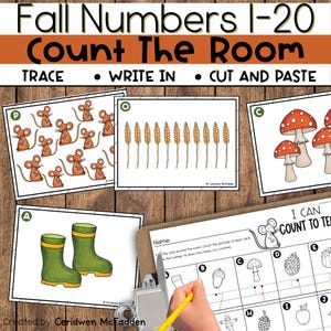 May include: Educational activity set titled Fall Numbers 1-20 Count The Room with Trace, Write In, Cut and Paste instructions. Includes cards featuring brown mice, wheat stalks, red mushrooms, and green boots, plus a worksheet for counting.