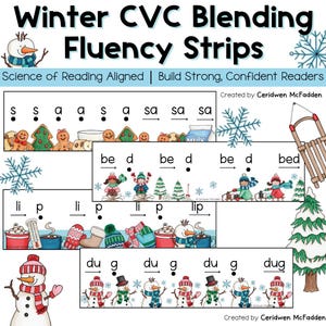 May include: Educational winter-themed CVC blending fluency strips. The strips feature words like "bed" and "lip", with accompanying illustrations of winter scenes, snowmen, and gingerbread cookies. The text "Winter CVC Blending Fluency Strips" is at the top.