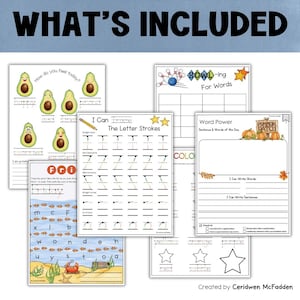 May include: A collection of educational worksheets with colorful illustrations. The worksheets include avocado-themed emotion charts, letter stroke practice, word games, and sentence writing exercises. The text "WHAT'S INCLUDED" is at the top.