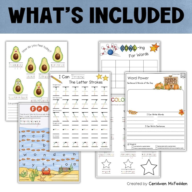 May include: A collection of educational worksheets with colorful illustrations. The worksheets include avocado-themed emotion charts, letter stroke practice, word games, and sentence writing exercises. The text "WHAT'S INCLUDED" is at the top.
