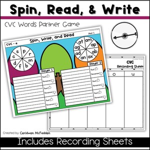 Op de afbeelding: Een kleurrijk educatief spel getiteld "Spin, Read, & Write" voor CVC-woorden. Het spel bevat een spinner, een spelbord met ruimtes om te schrijven en een opnamesheet. Het spelbord toont een boomafbeelding en de woorden "Spin, Write, and Read".