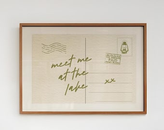 Retro Meet Me at the Lake Postcard Print, Seagrass on White, Vintage Lake House Decor, Lake Gift , Cottage decor - Digital Download