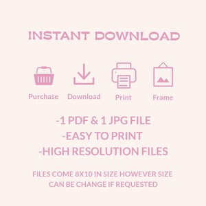 May include: Instant download graphic with icons for purchase, download, print, and frame. The text reads "INSTANT DOWNLOAD", "1 PDF & 1 JPG FILE", "EASY TO PRINT", "HIGH RESOLUTION FILES", "FILES COME 8X10 IN SIZE HOWEVER SIZE CAN BE CHANGE IF REQUESTED".