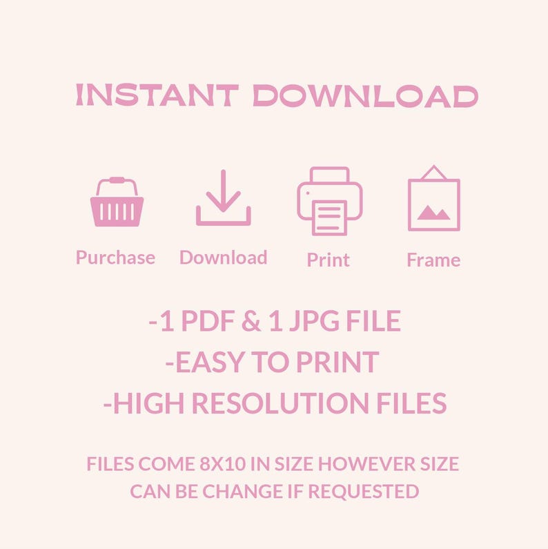 May include: Instant download graphic with icons for purchase, download, print, and frame. The text reads "INSTANT DOWNLOAD", "1 PDF & 1 JPG FILE", "EASY TO PRINT", "HIGH RESOLUTION FILES", "FILES COME 8X10 IN SIZE HOWEVER SIZE CAN BE CHANGE IF REQUESTED".