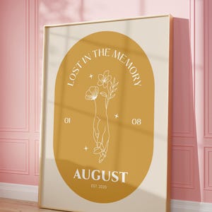 May include: A framed print with a yellow circle on a white background. The circle has a hand holding flowers and the text "Lost in the Memory" around the top. The text "August Est. 2020" is at the bottom of the circle.