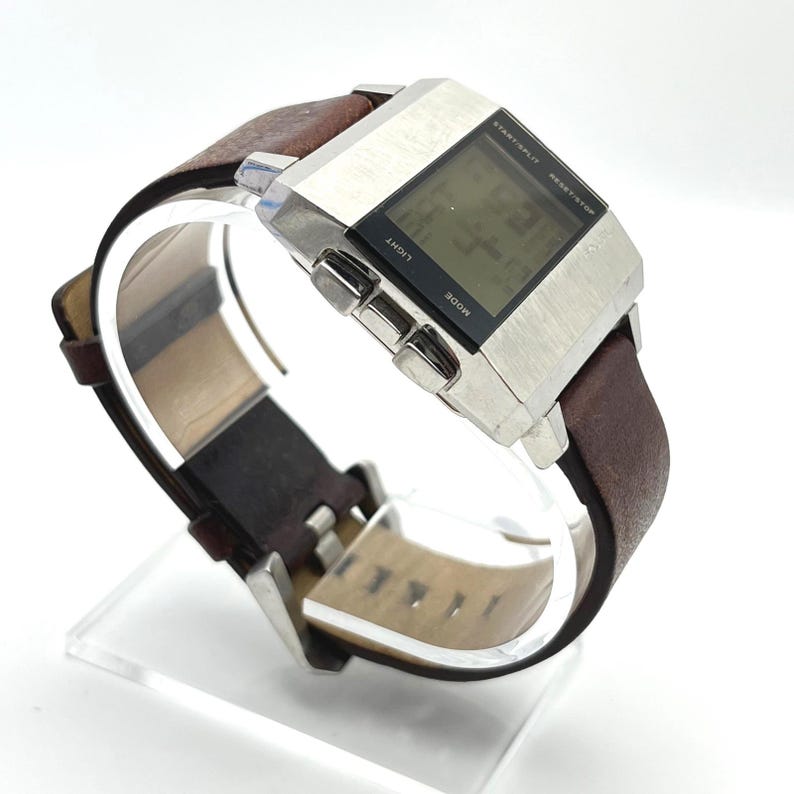 Fossil JR-9120 Big Tic Digital Watch Stainless Steel Brown Leather Strap Retro image 2