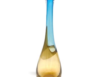Sommerso Style Glass Vase Blue Amber Teardrop Mid Century Modern 15.5" Tall