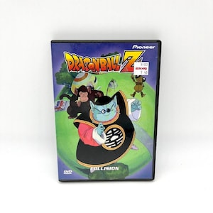 May include: A DVD case for Dragonball Z: Collision. The cover features cartoon characters in a green and blue landscape. The title is in yellow and orange. The DVD case is black and has a white sticker in the upper right corner.