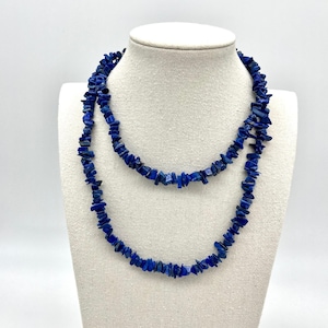 Lapis Lazuli Long Chip Necklace - Gemstone Beaded Strand - Blue Stone Jewelry