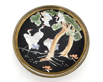 Vintage Japanese Brass Encased Porcelain Bowl Hand Painted Cranes Pine 7.75in