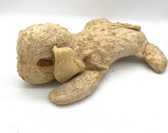 Vintage Mohair Plush Lamb Antique Stuffed Animal Tan Floppy Ears 12 Inch