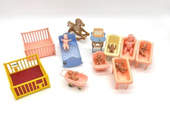 Vintage Renwal Dollhouse Furniture Nursery Set Playpen Cribs Dolls 1950s Plastic