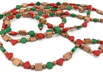 Vintage Christmas Wood Bead Garland Red Green Natural Wood Beads 9'
