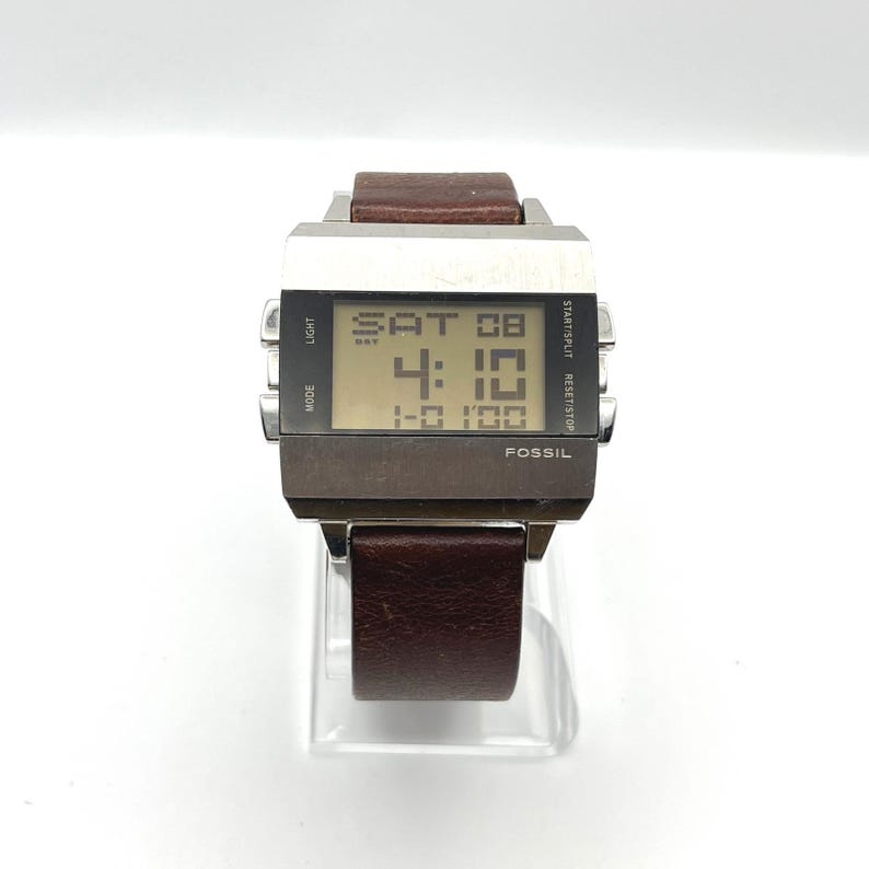 Fossil JR-9120 Big Tic Digital Watch Stainless Steel Brown Leather Strap Retro image 1