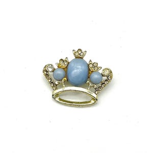 Crown Brooch Blue Cabochon Rhinestone Gold Tone Princess Queen Tiara