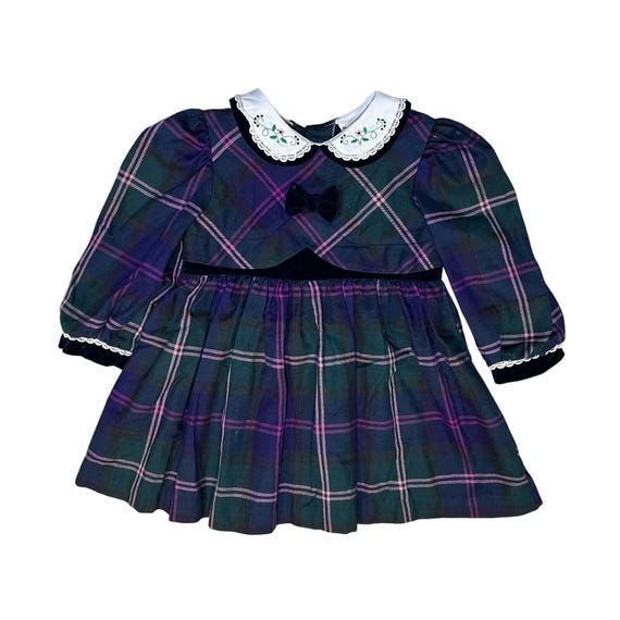 Baby Togs Childrenswear Plaid Dress 24 Months Purple Green Velvet Trim