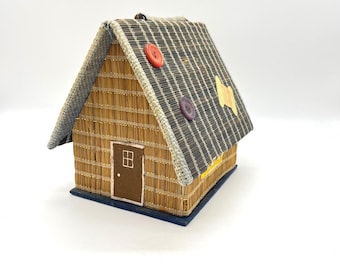 Vintage Woven Straw Cottage Sewing Basket Pincushion Box Japan Mid Century