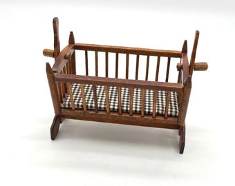 Vintage Shackman Miniature Wooden Swinging Cradle Spindle Dollhouse Crib Gingham
