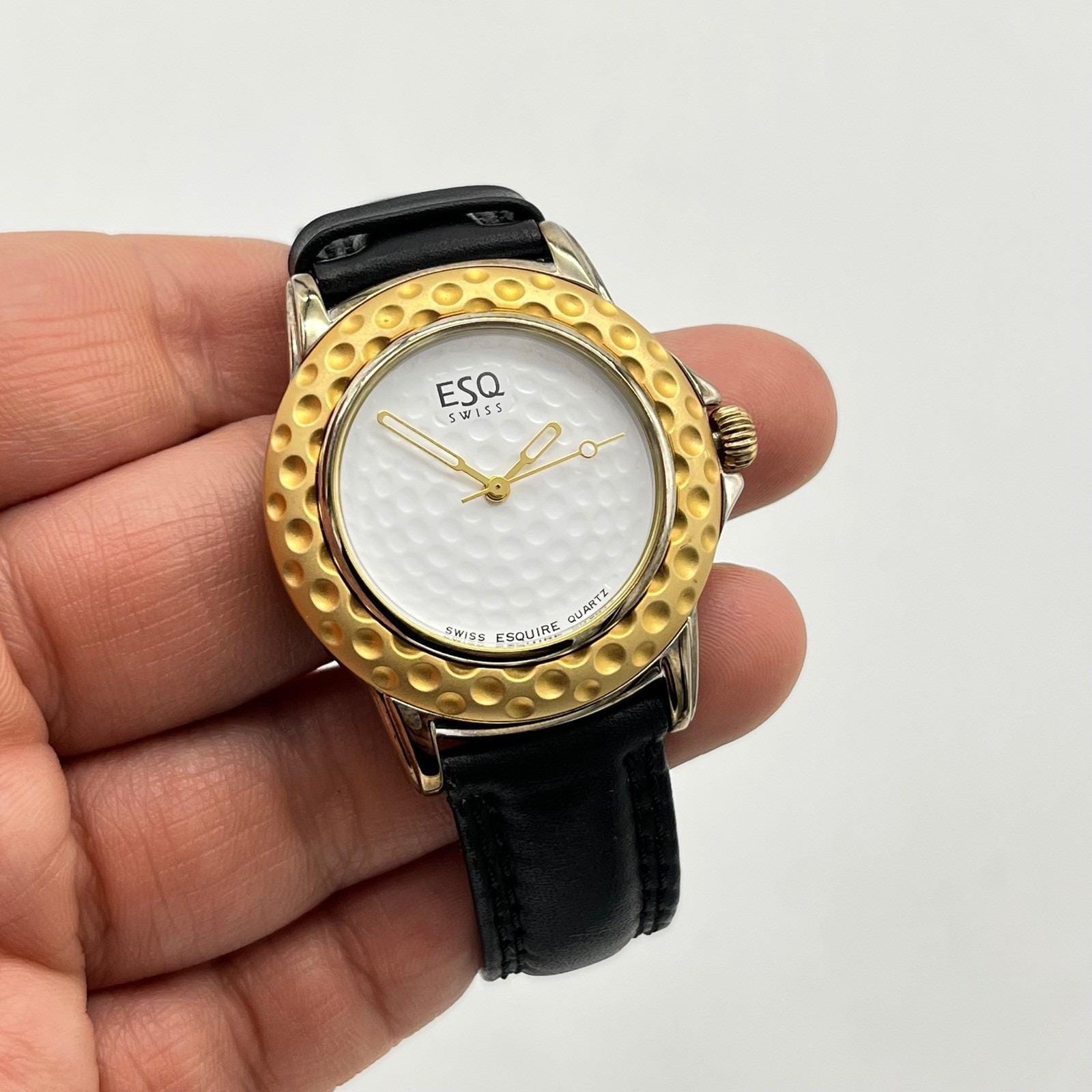 ESQ Swiss Gold Tone Golf Ball Ladies Watch Black Leather 