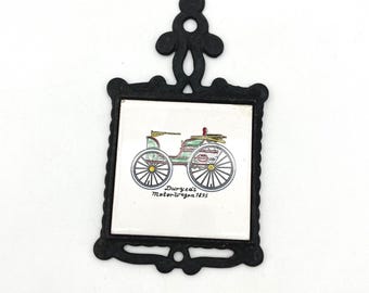 Vintage Cast Iron Ceramic Trivet Duryea's Motor Wagon 1895 San-Huan Black Ornate