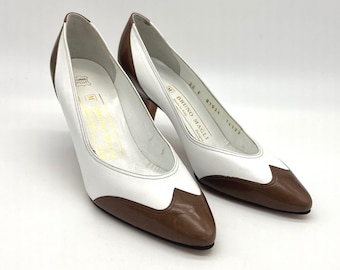 Bruno Magli Leather Pumps Heels Brown White Pointed Toe Italy Size 6 AA
