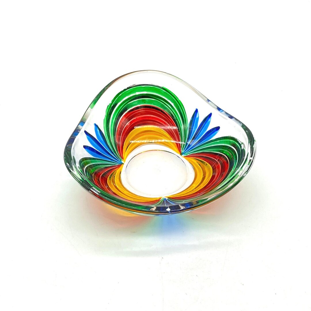Vintage Murano Italian Hand Painted Glass Ashtray Trinket Dish Rainbow ...
