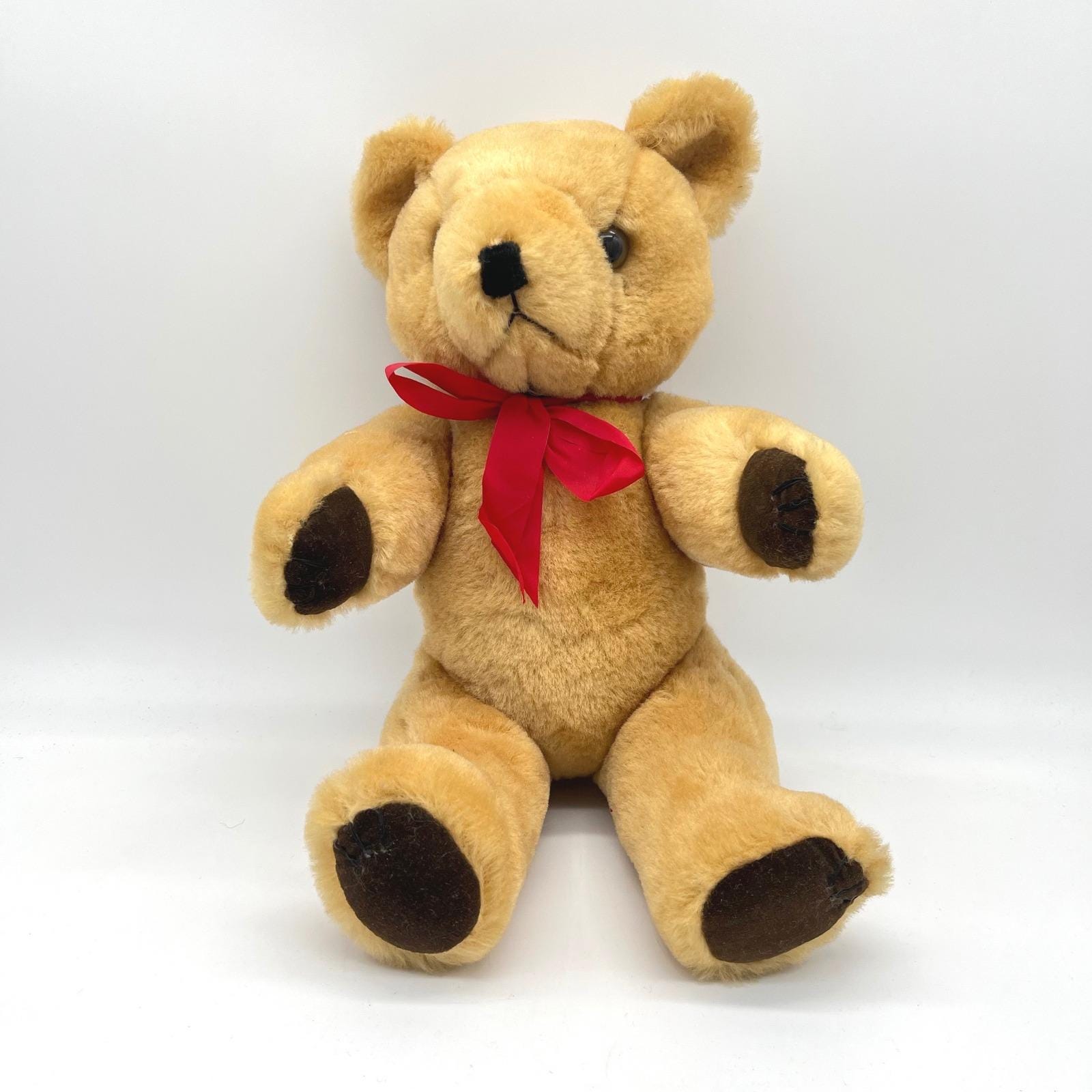 Vintage Classic Teddy Bear Plush Toy Red Ribbon Stuffed Animal