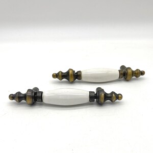 Vintage White Ceramic Brass Drawer Pulls Set of 2 Cabinet Handles 3 Inch Center