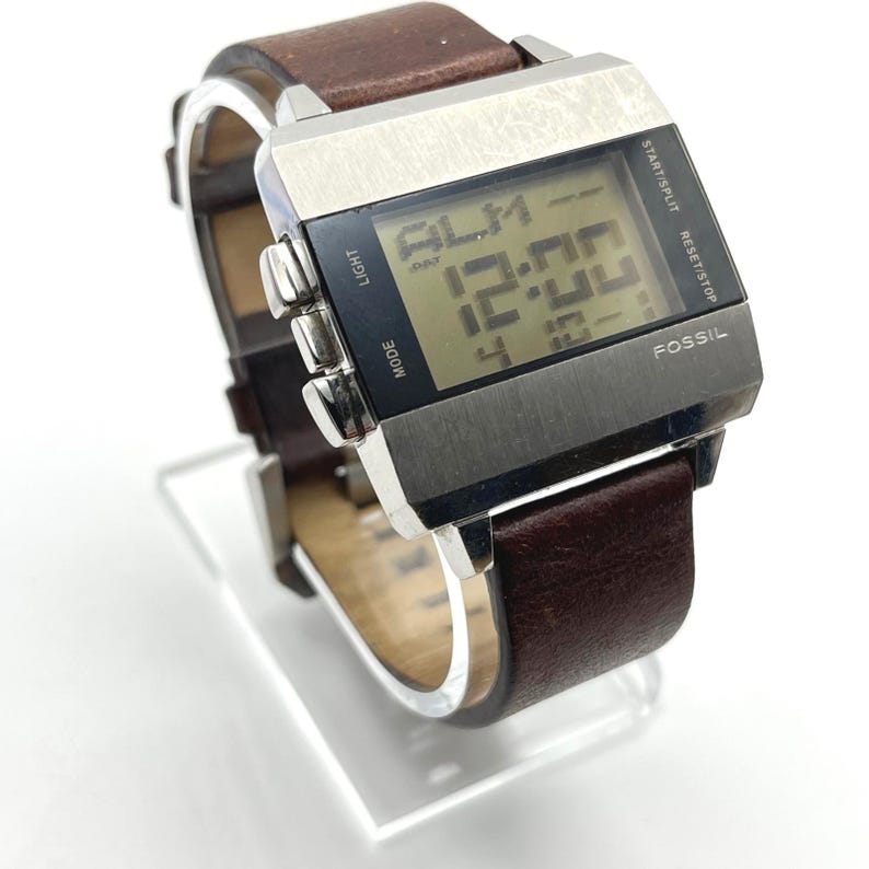 Fossil JR-9120 Big Tic Digital Watch Stainless Steel Brown Leather Strap Retro image 5