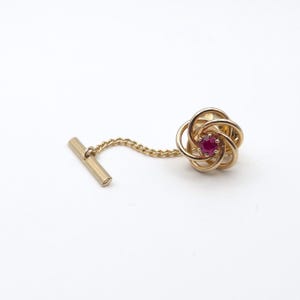 Vintage Gold Tone Knot Tie Tack Pink Stone Center Chain T-Bar Accessory