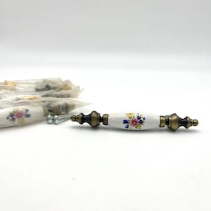 Floral Ceramic Drawer Pulls 5 Vintage Cabinet Door Handles Brass Accents 5 Inch