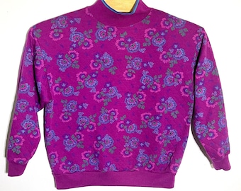 Vintage Floral Mock Neck Quilted Pullover Top Purple Pink Blue Flowers Size M