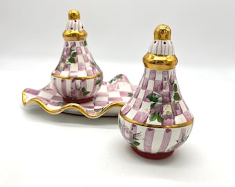 Retired MacKenzie-Childs Rose Petal Salt Pepper Shakers with Tray Pink Floral