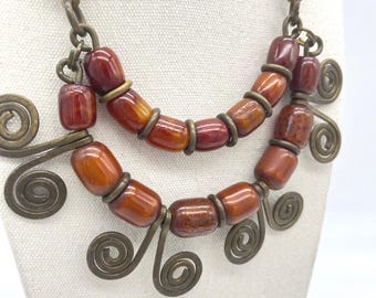 Vintage Phenolic Bakelite Brass Spiral Bib Statement Necklace Tribal