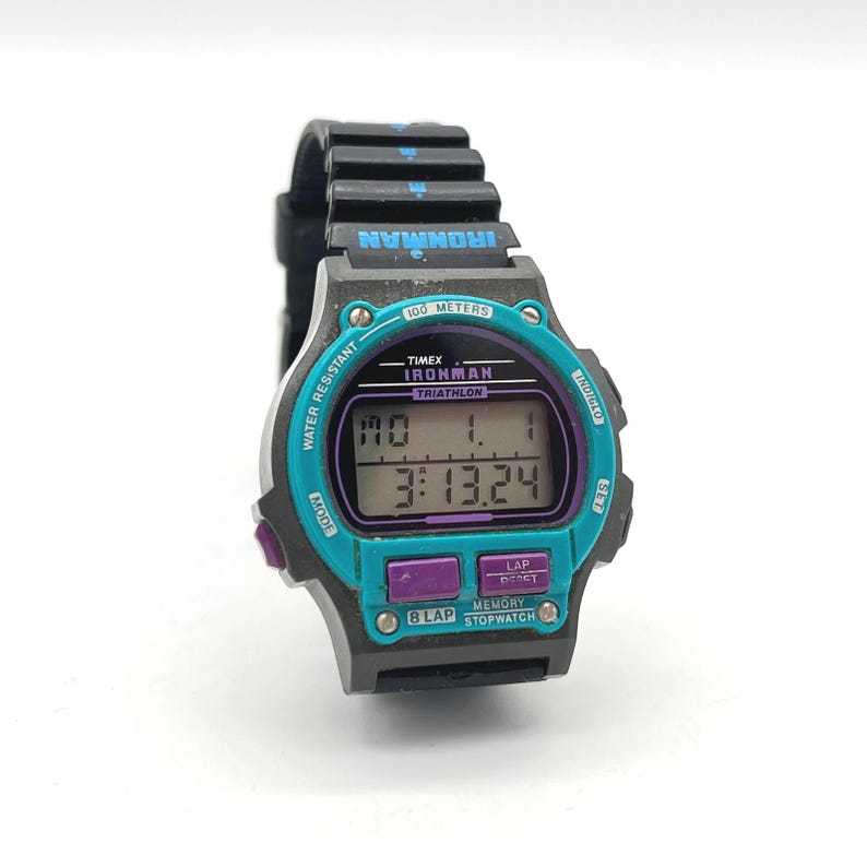 Vintage Timex Ironman Triathlon Indiglo Digital Watch Teal Purple 8 Lap 760 Bild 2
