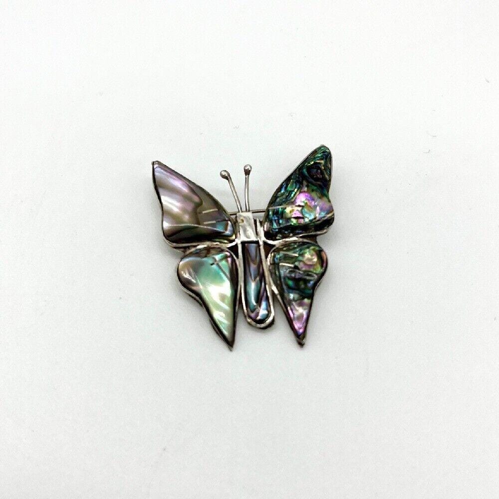 Signed Vintage Abalone Butterfly Brooch Pin Sterling Silver Iridescent