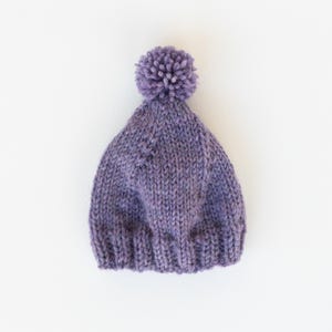 May include: A purple knitted beanie with a pom pom on top.