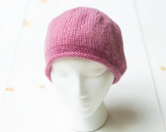 Hand Knit Wool Beret Beanie, Rose Pink, Teen and Women's