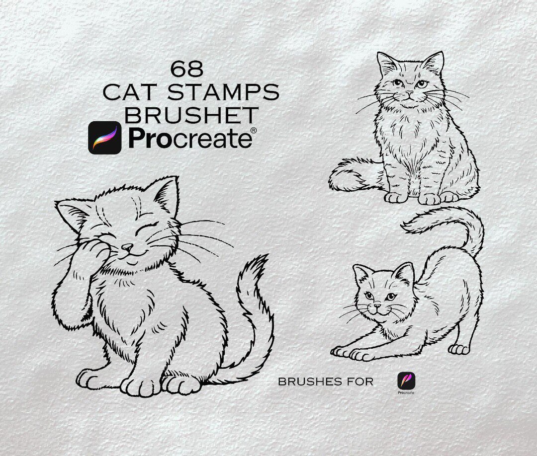 68 Cats Procreate Stamp Brushes Feline Line Art, Cute Cat Clipart, Cat ...