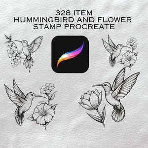 Peut inclure: Un ensemble de 328 tampons numériques pour Procreate représentant des colibris et des fleurs. Les tampons sont des dessins au trait en noir et blanc.