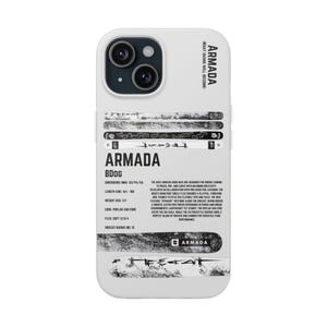 May include: White phone case with a black and white image of a ski. The text "ARMADA" is printed on the case. The text "WHAT SKIING WILL BECOME" is printed on the case. The text "BDOG" is printed on the case. The text "DIMENSIONS (MM) 121/114/110" is printed on the case. The text "LENGTH (CM) 164-100" is printed on the case. The text "WEIGHT (KG) 2.9" is printed on the case. The text "CORE: POPLAR ASH CORE" is printed on the case. The text "FLEX: SOFT 3/3/4" is printed on the case. The text "SIDECUT RADIUS (M) 15" is printed on the case.